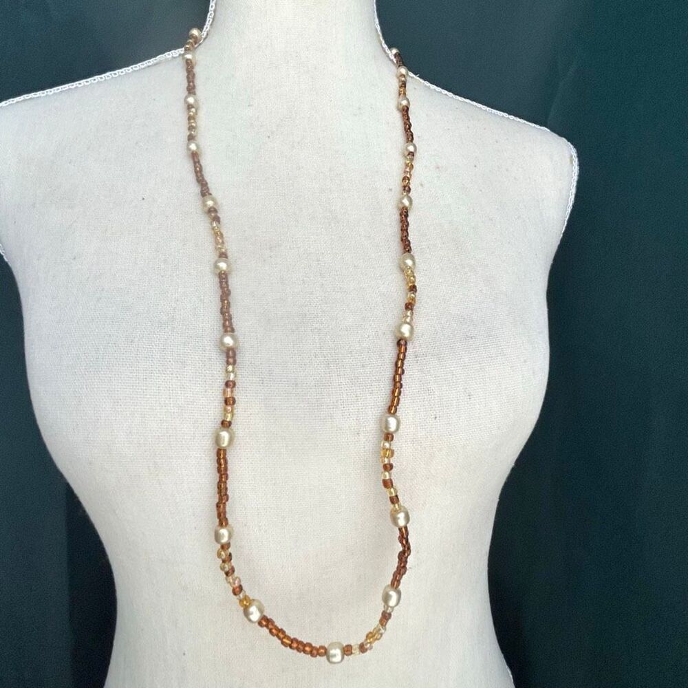 Handcrafted Amber Brown Bead with Vintage Faux Pearl Beads Long Beaded Wrap Neck